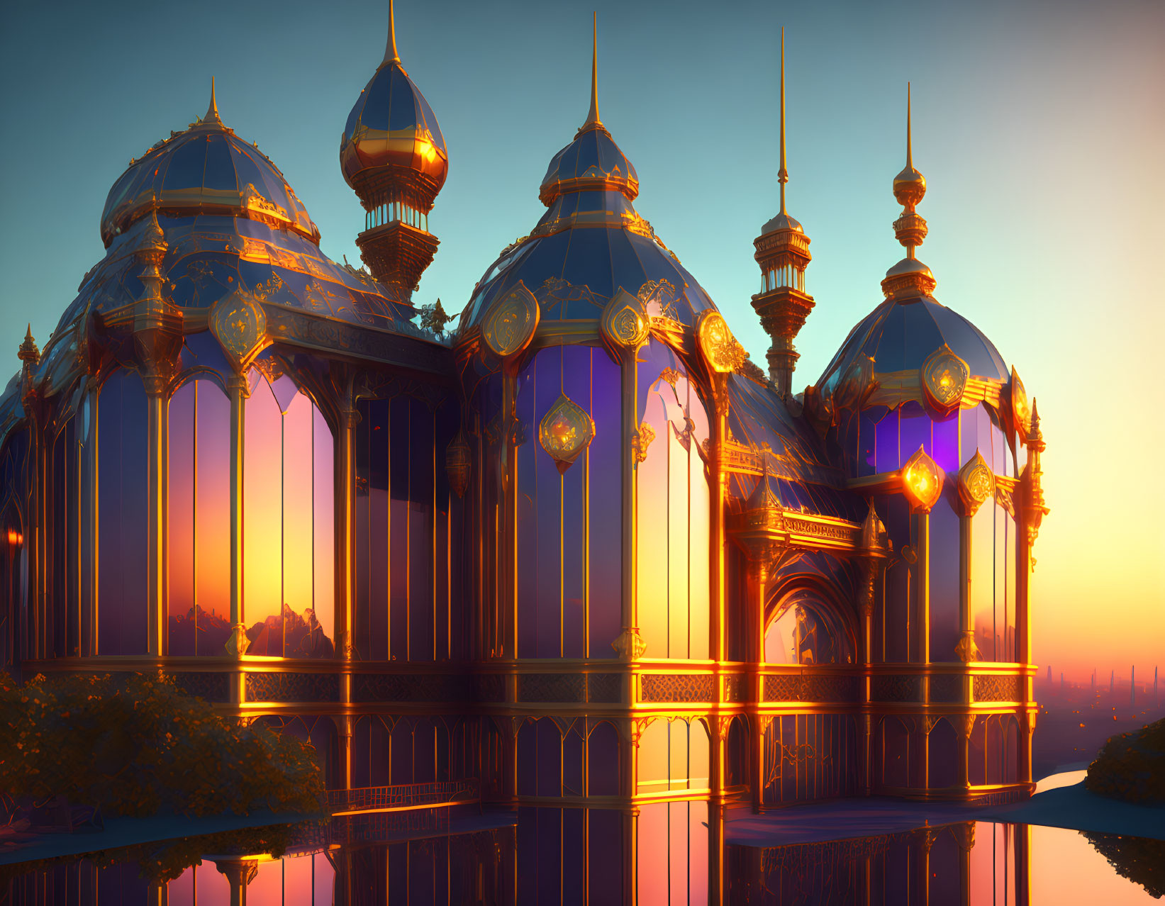 Ornate palace with domes at sunset over tranquil waters