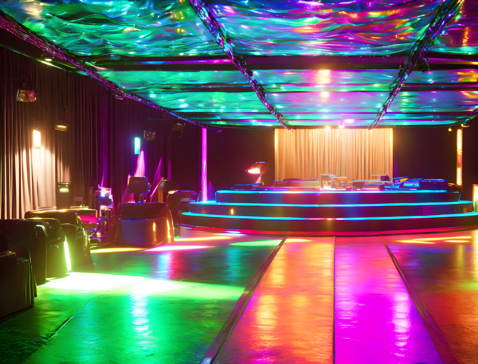 Empty nightclub interior with neon lights, dance floor, and DJ booth