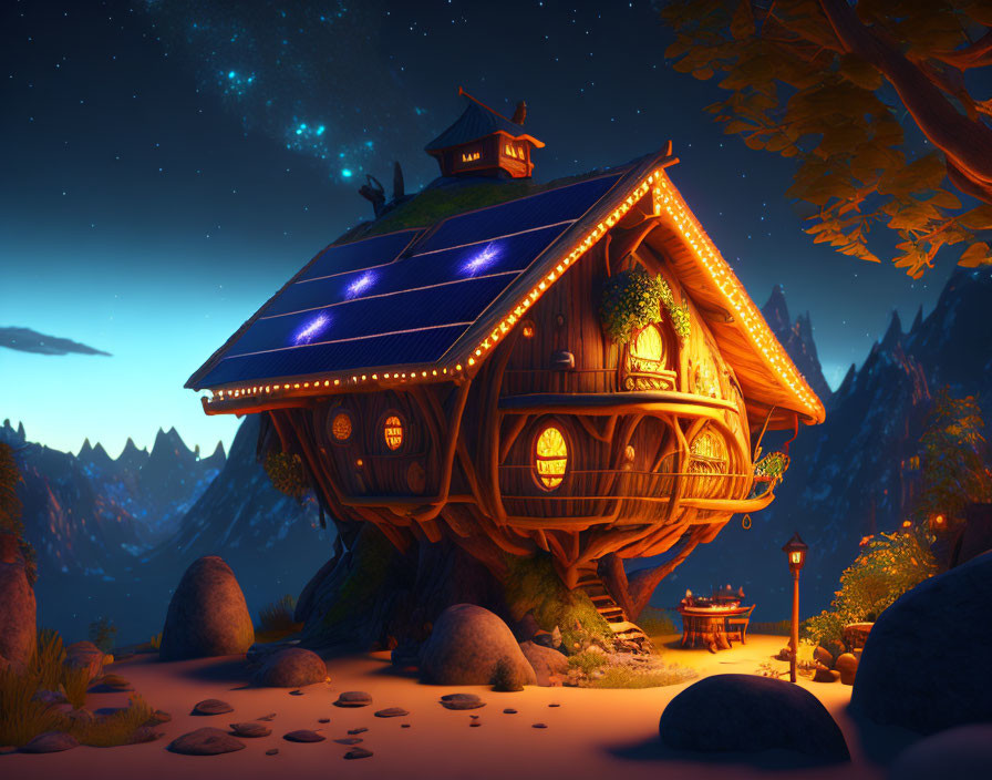 Enchanted treehouse at twilight with glowing windows, solar panels, and starry sky.