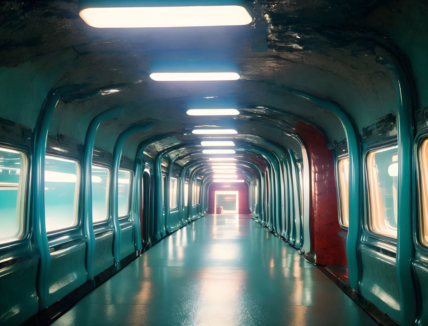 Sleek futuristic train interior with modern lighting and empty corridor.