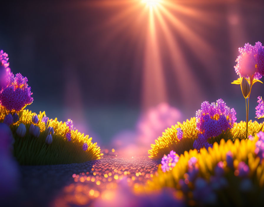 Purple Flowers in Sunlit Mystical Landscape with Dewdrops