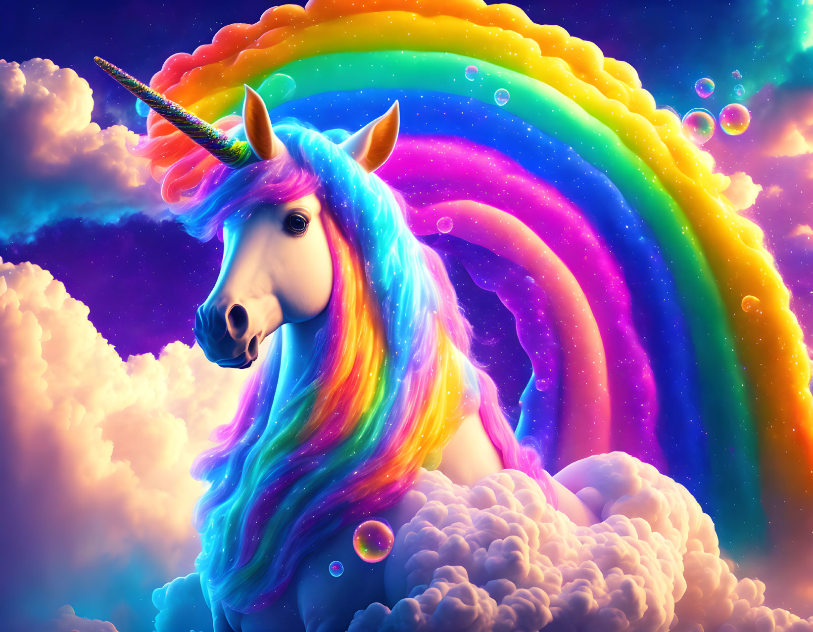 Colorful Unicorn with Rainbow Mane in Fantastical Sky with Rainbow, Clouds, and Bubbles