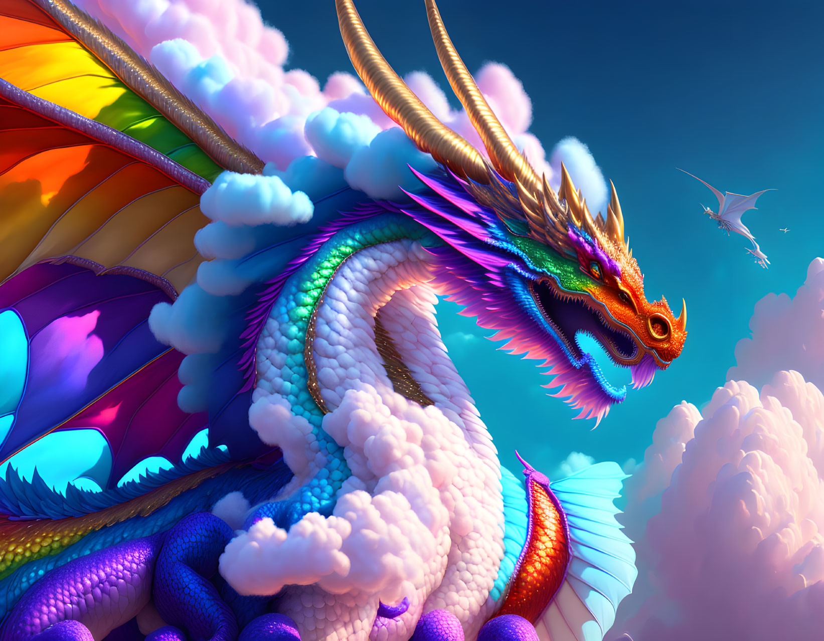 Colorful dragon flying among fluffy clouds