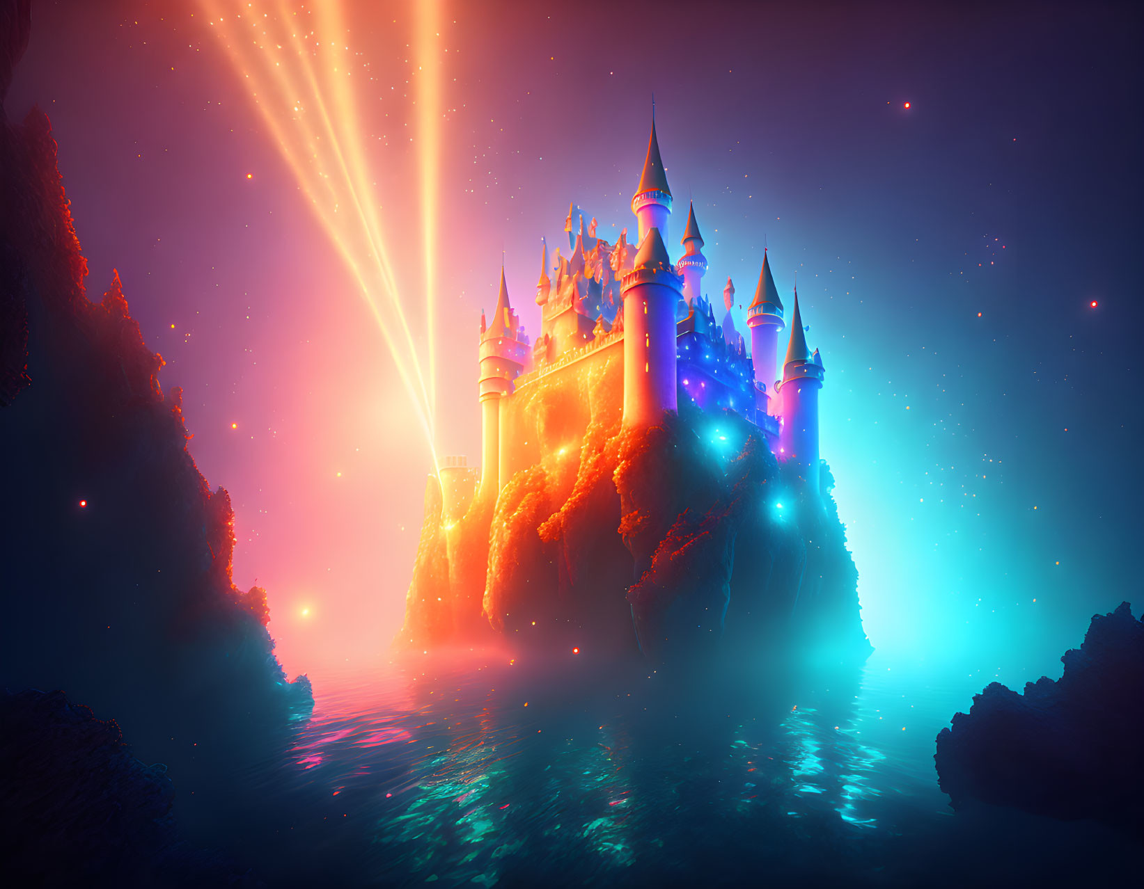 Neon-lit castle on cliff with mystical mist and light beams