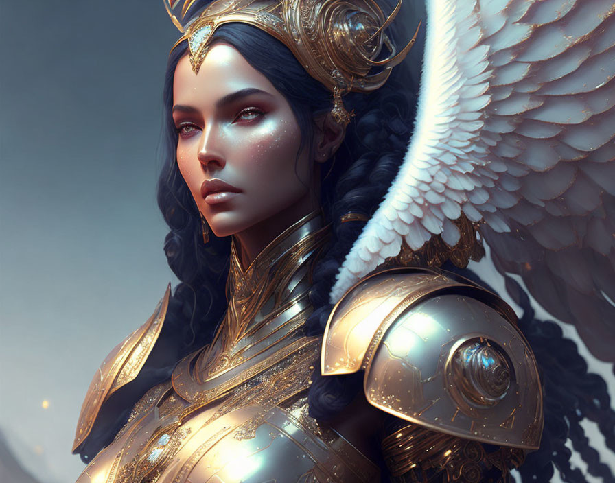 Digital artwork of female warrior with angelic wings in ornate golden armor