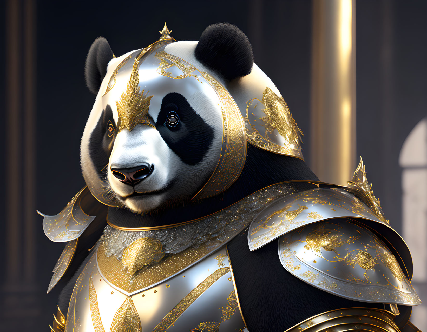 Regal panda in ornate golden armor with intricate designs