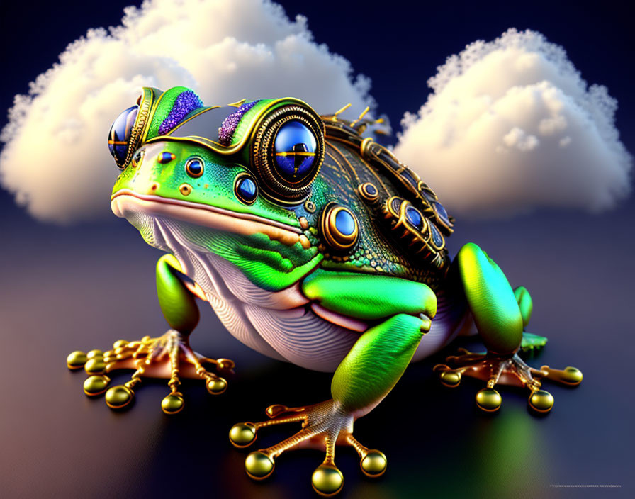 Colorful Mechanical Frog with Metallic Gears on Cloudy Background