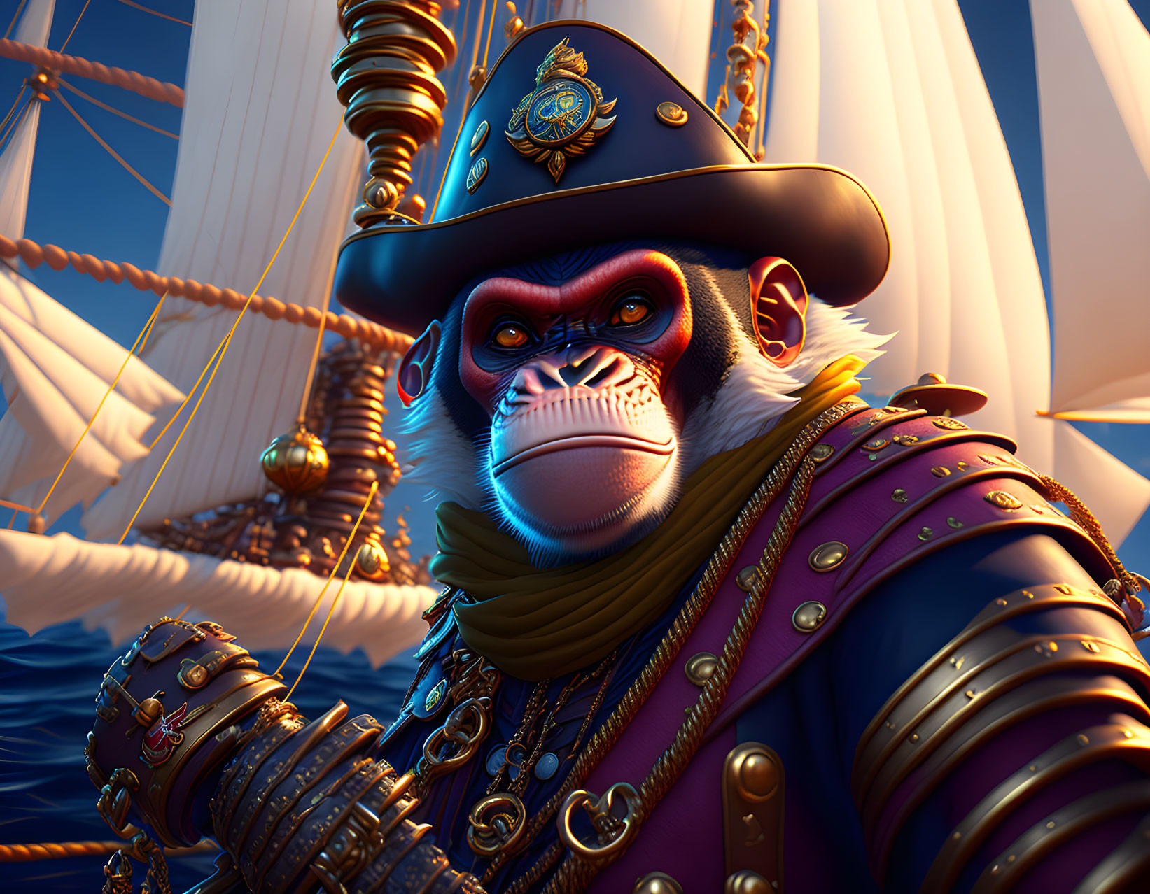 Animated baboon pirate captain in regal uniform on ship with sails, fierce expression