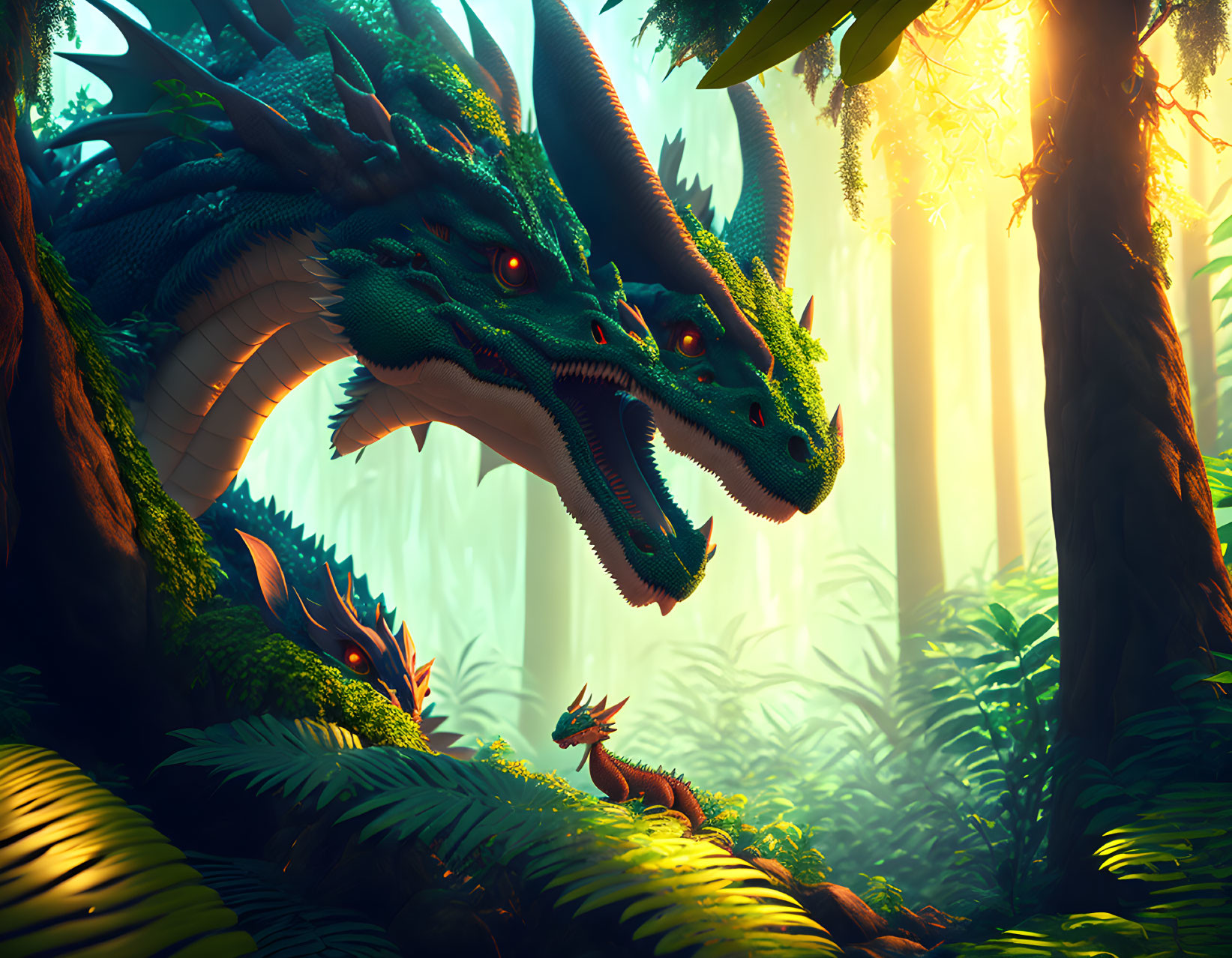 Two dragons in mystical forest with piercing eyes and lush greenery.