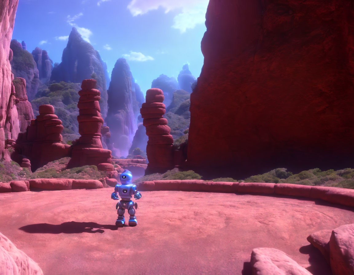 Blue robot exploring vibrant alien landscape with red rock formations under pink sky