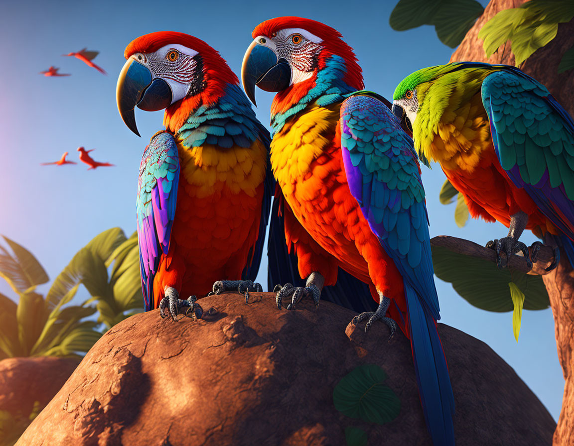 Vibrant macaws on branch under clear blue sky