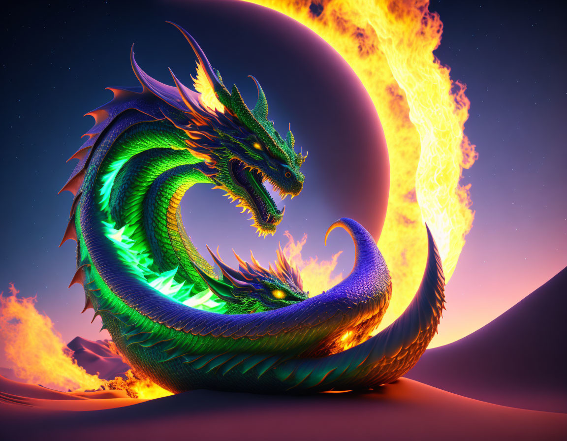 Digital Art: Two-Headed Dragon Breathing Fire at Night