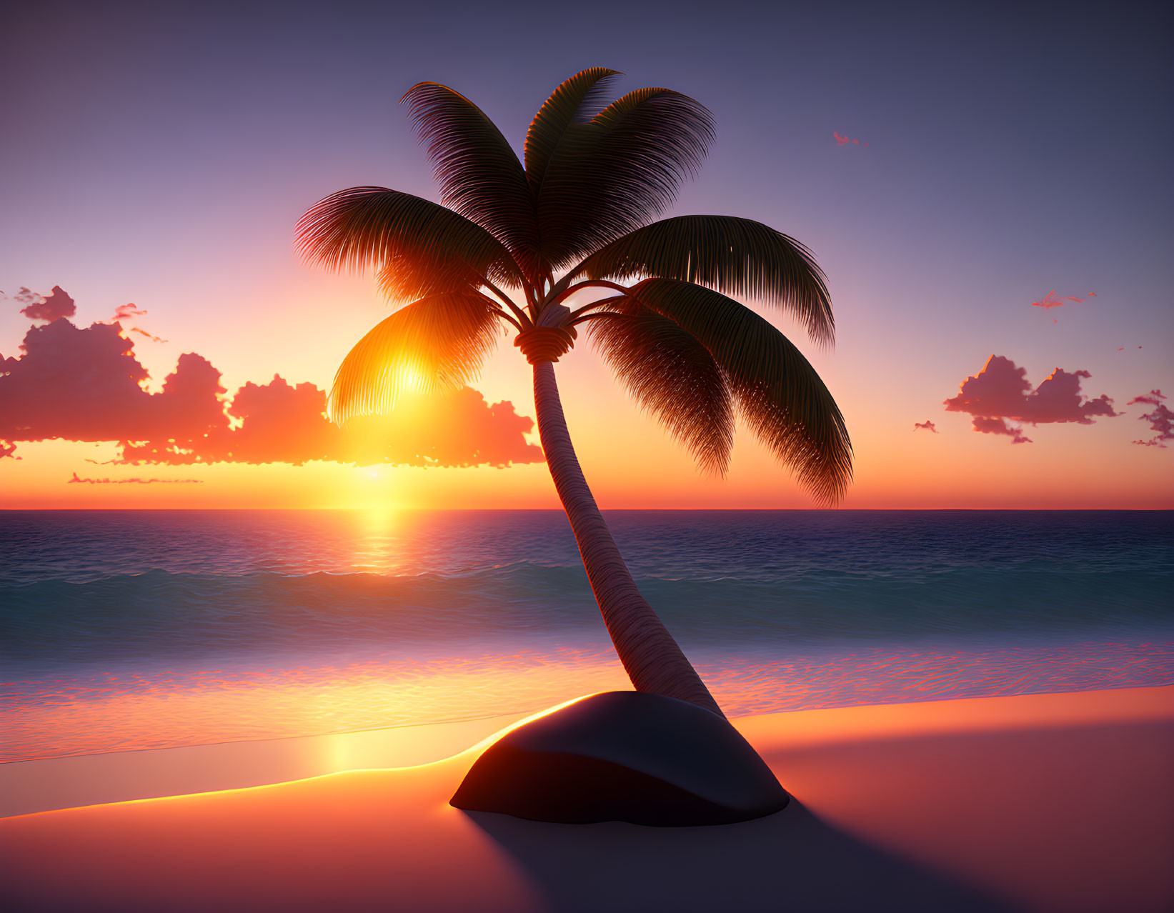 Tranquil beach sunset with lone palm tree