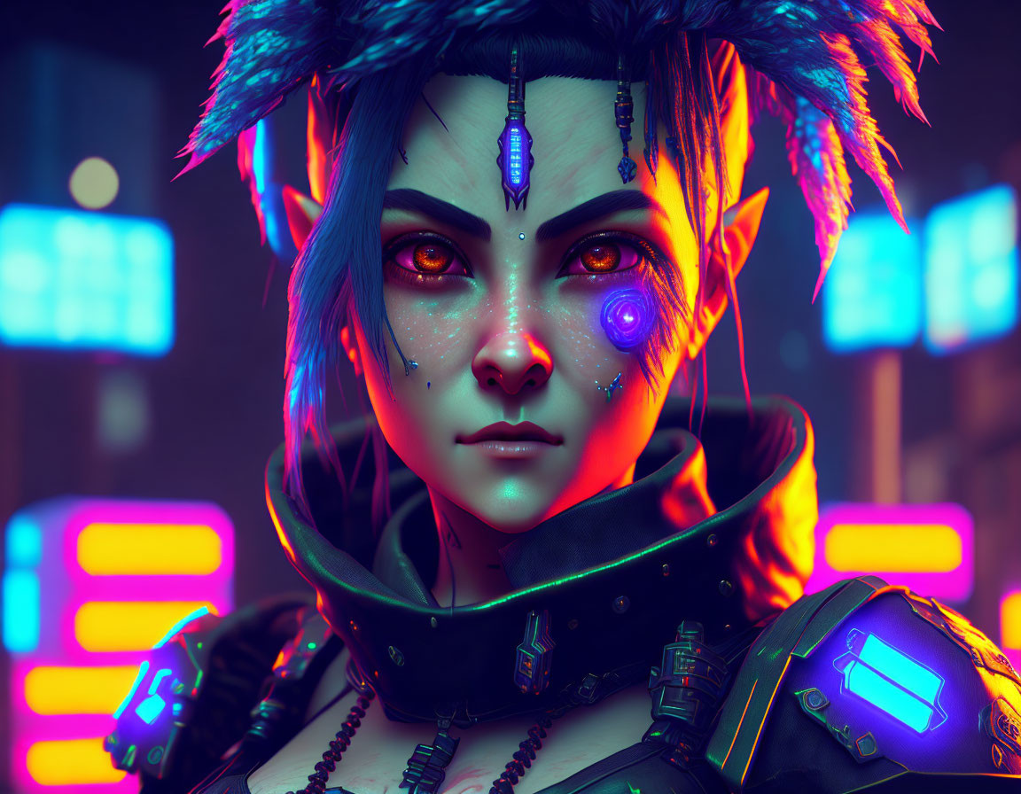 Futuristic female character with blue hair and cybernetic eye in neon lights