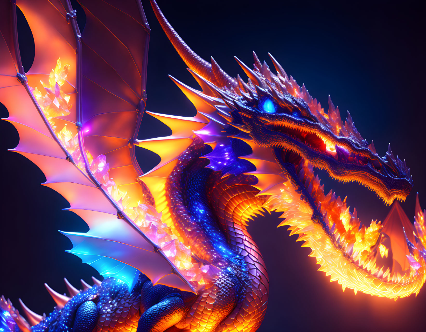 Vivid Dragon Artwork with Glowing Fiery Wings on Dark Blue Background