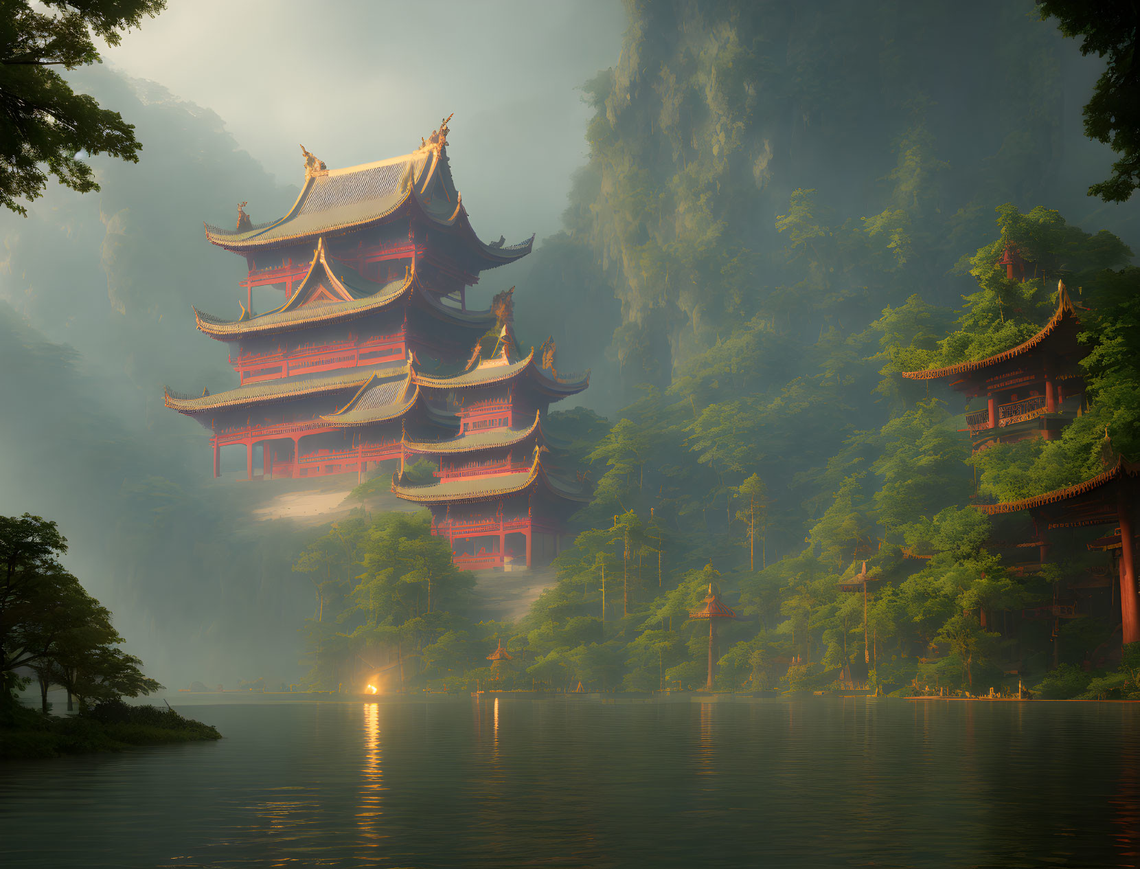 Traditional multi-tiered pagoda in misty mountain landscape near serene lake