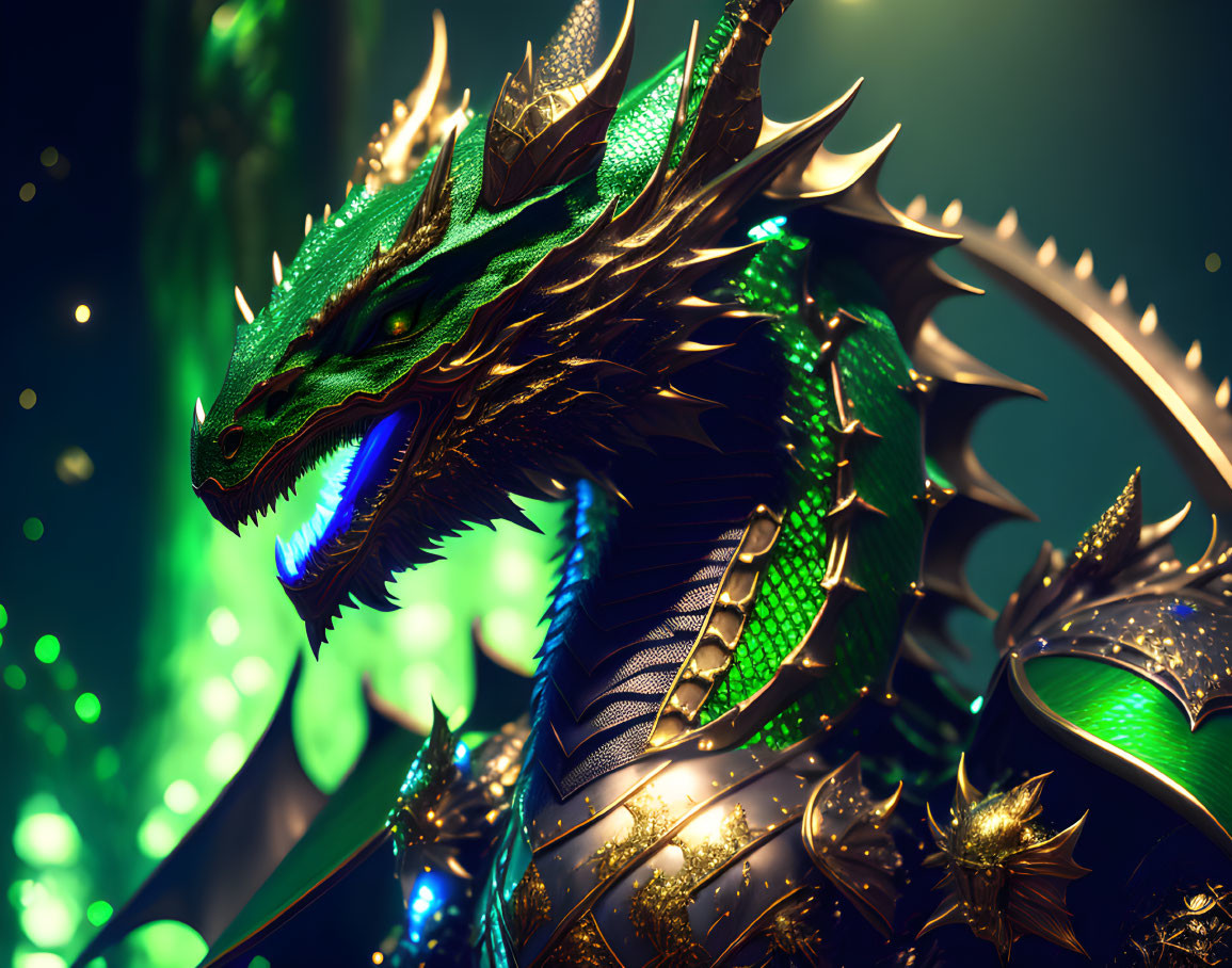 Majestic dragon with golden accents emitting blue glow on green backdrop