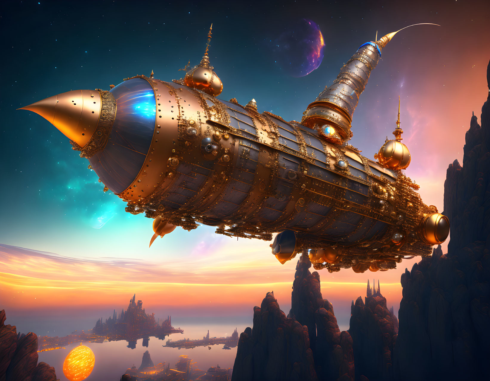 Steampunk airship over surreal rocky landscape with planets