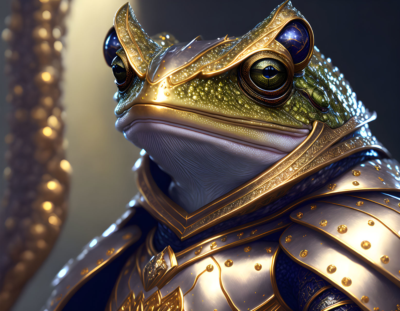 Regal Frog Character in Golden Armor with Contemplative Expression