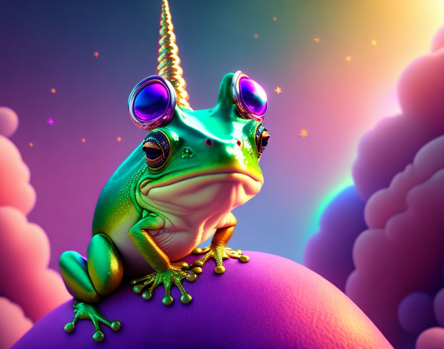 Colorful Stylized Image: Green Frog in Purple Sunglasses on Whimsical Background