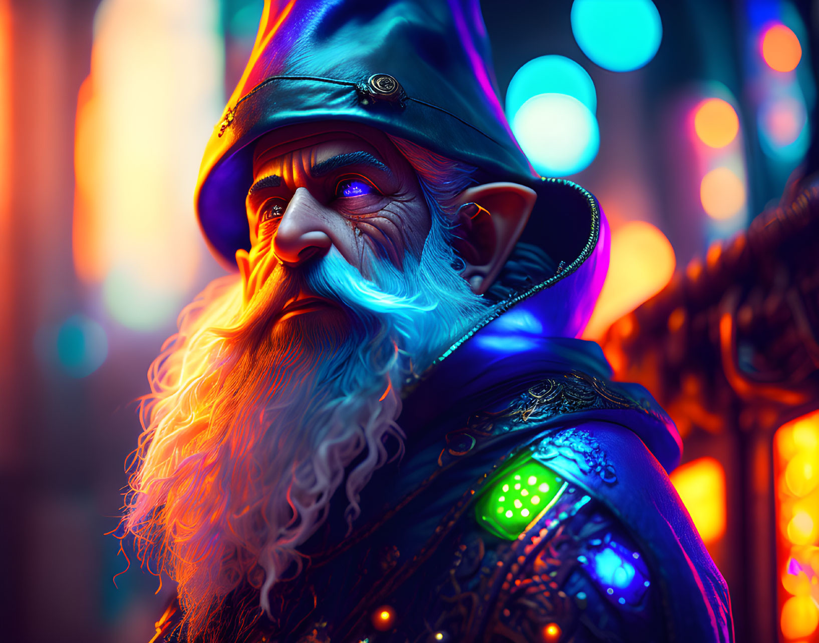 Colorful digital artwork: Elderly wizard in pointed hat and futuristic robe on bokeh light backdrop