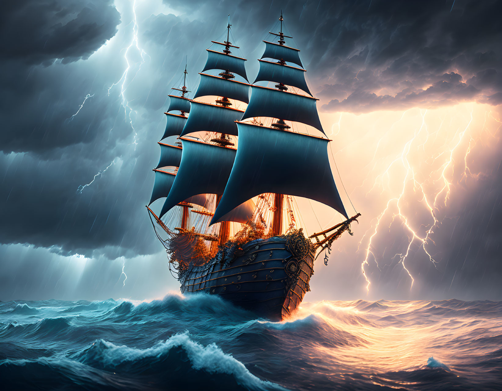 Tall ship with billowing sails in tumultuous seas under dramatic sky
