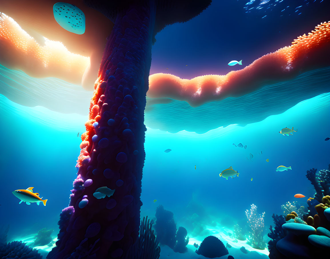 Colorful Coral and Diverse Fish in Vibrant Underwater Scene