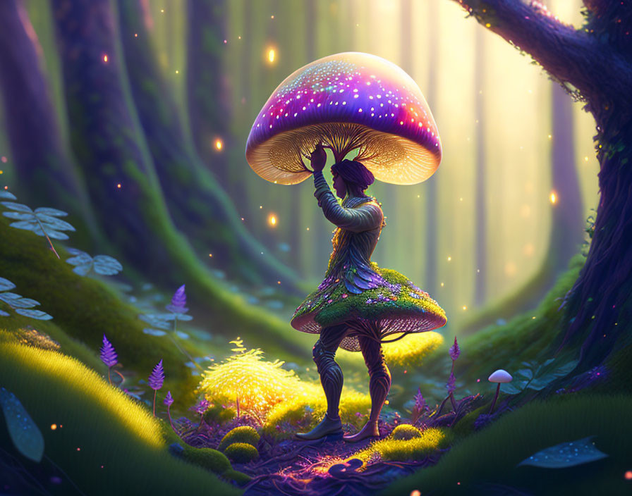 Character lifting giant glowing mushroom in enchanted forest