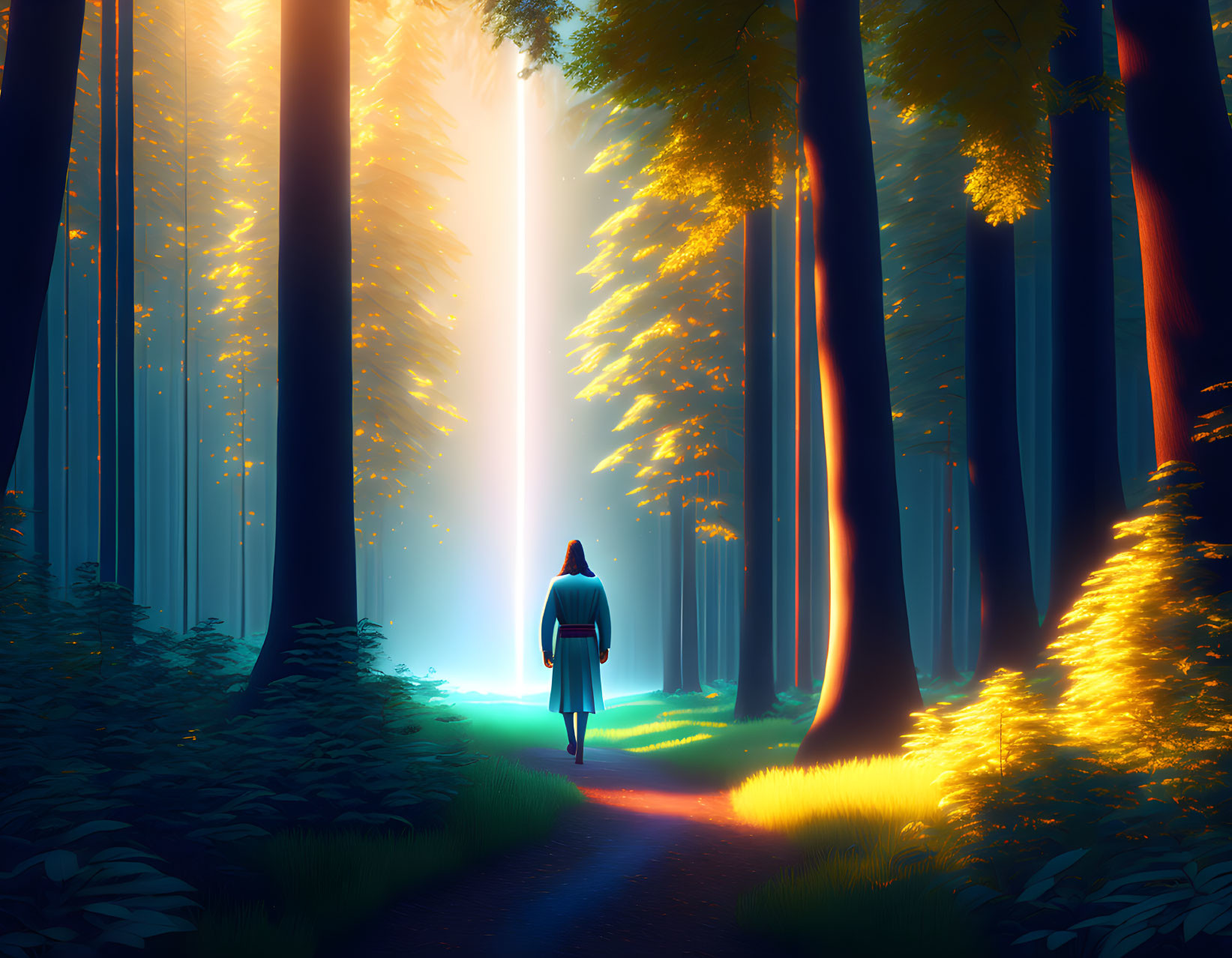 Person walking towards bright light in mystical forest scene