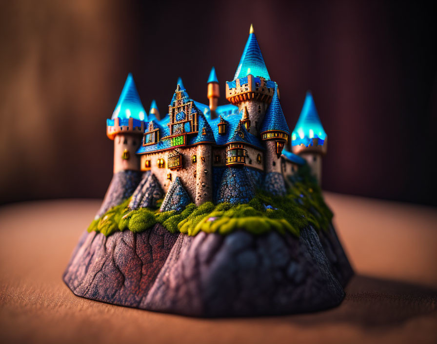 Miniature fairy tale castle with blue rooftops on rocky hill surrounded by glow