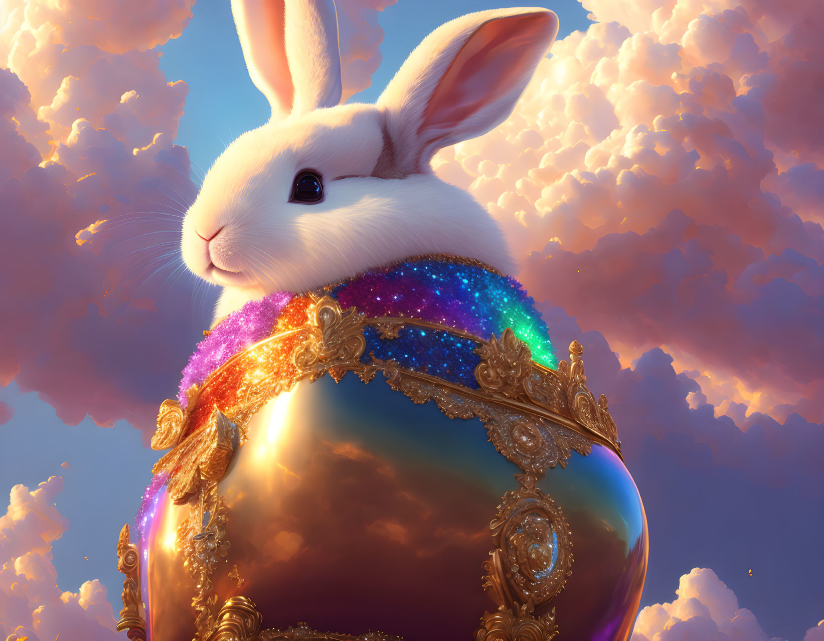 White Bunny on Golden Egg in Dreamy Pink Clouds