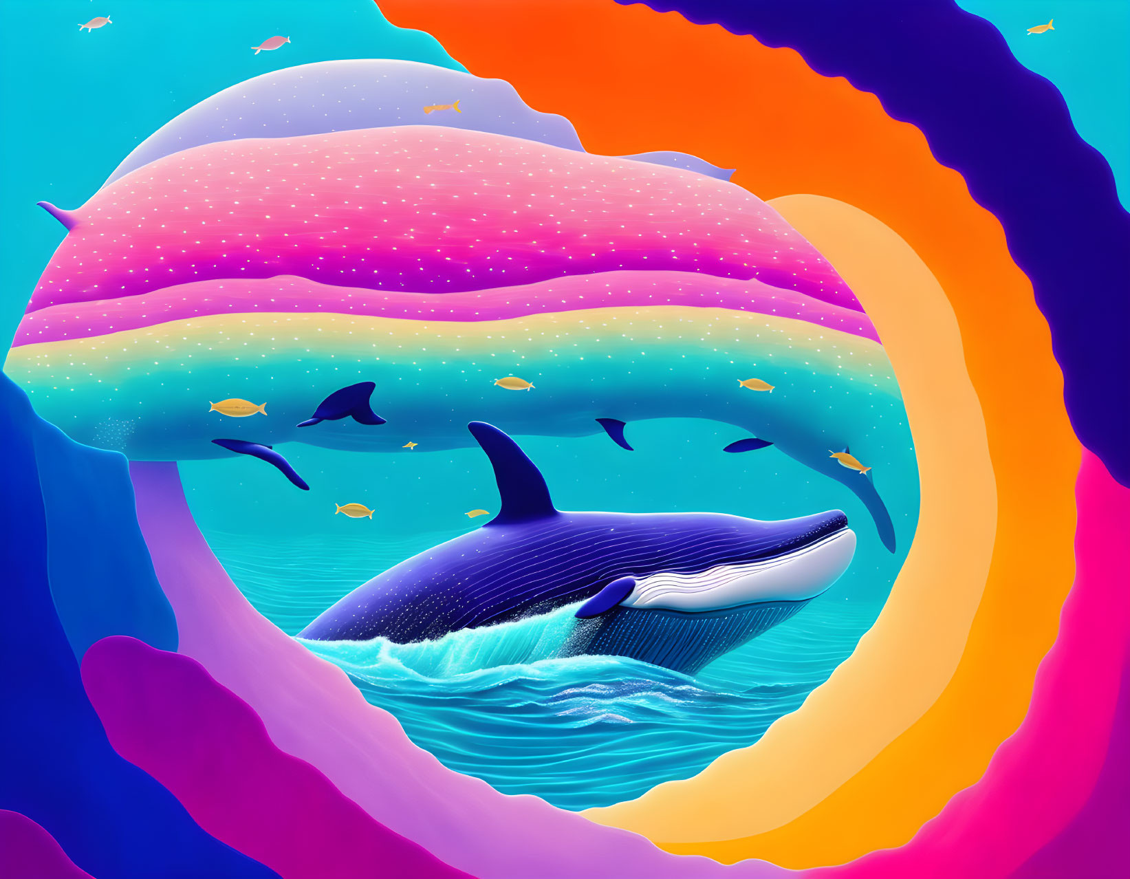 Colorful Striped Whale Artwork Swimming in Rainbow Sea