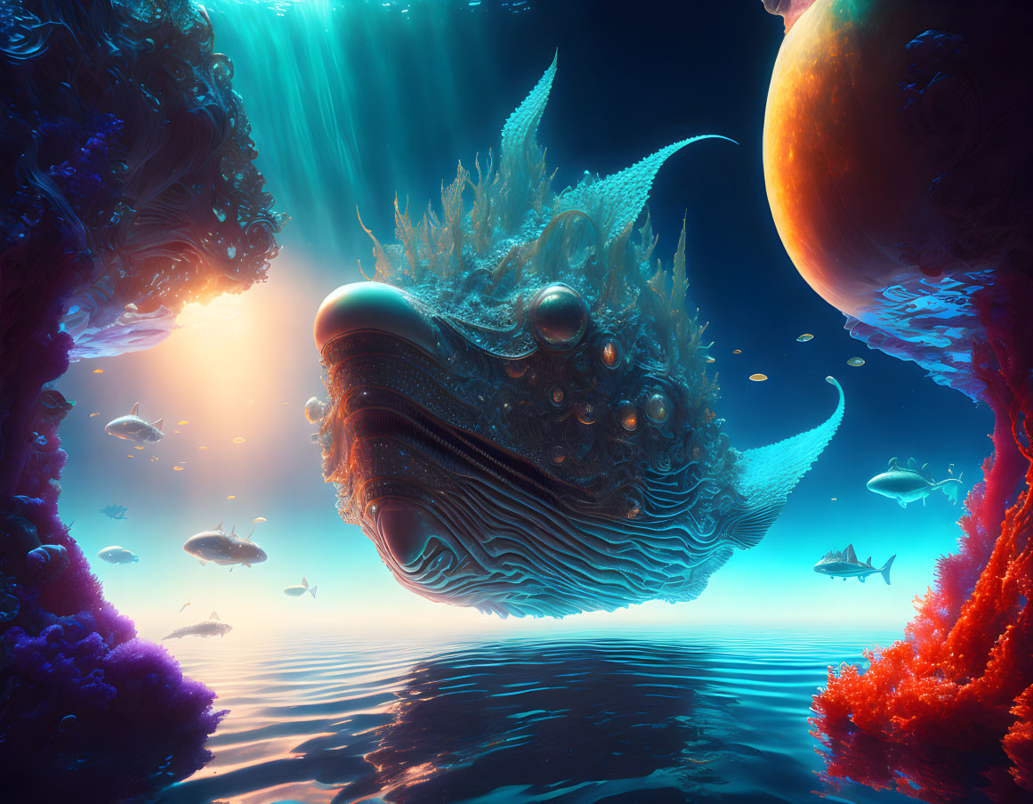 Fantastical underwater scene with surreal creature, corals, fish, light beams, and giant planets