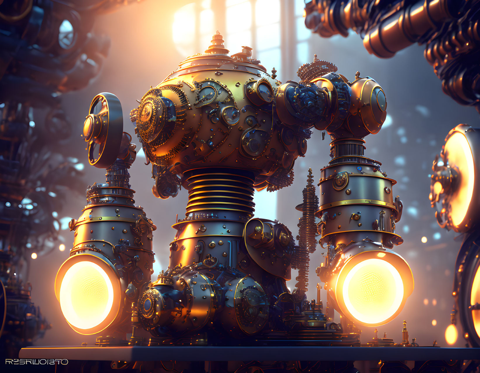 Detailed Steampunk Machine with Glowing Elements in Industrial Setting