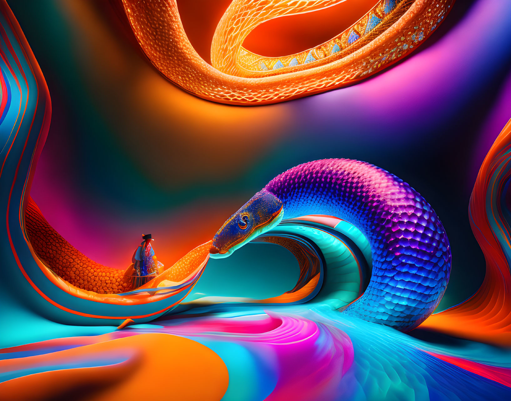 Vibrant surreal digital art with person and serpent in abstract landscape