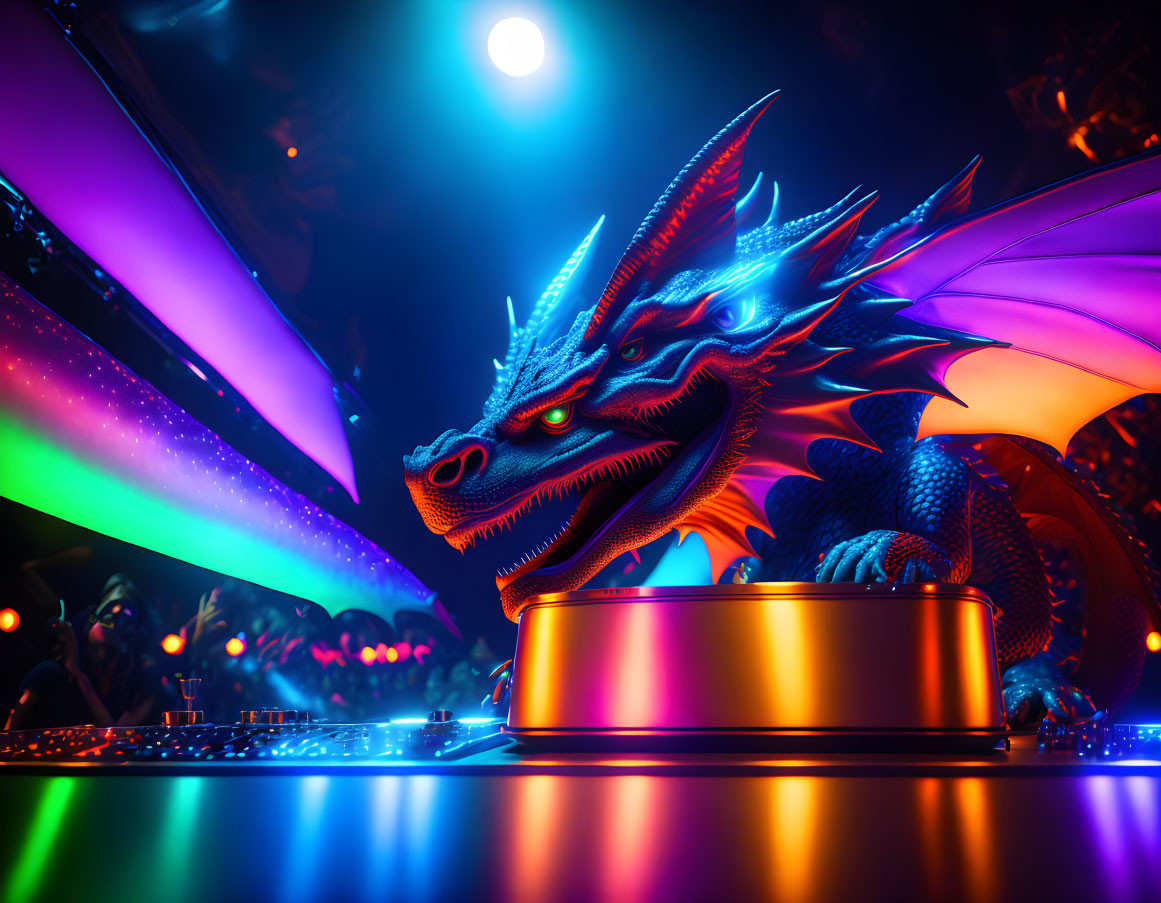 Blue dragon DJing at club with neon lights and animated crowd