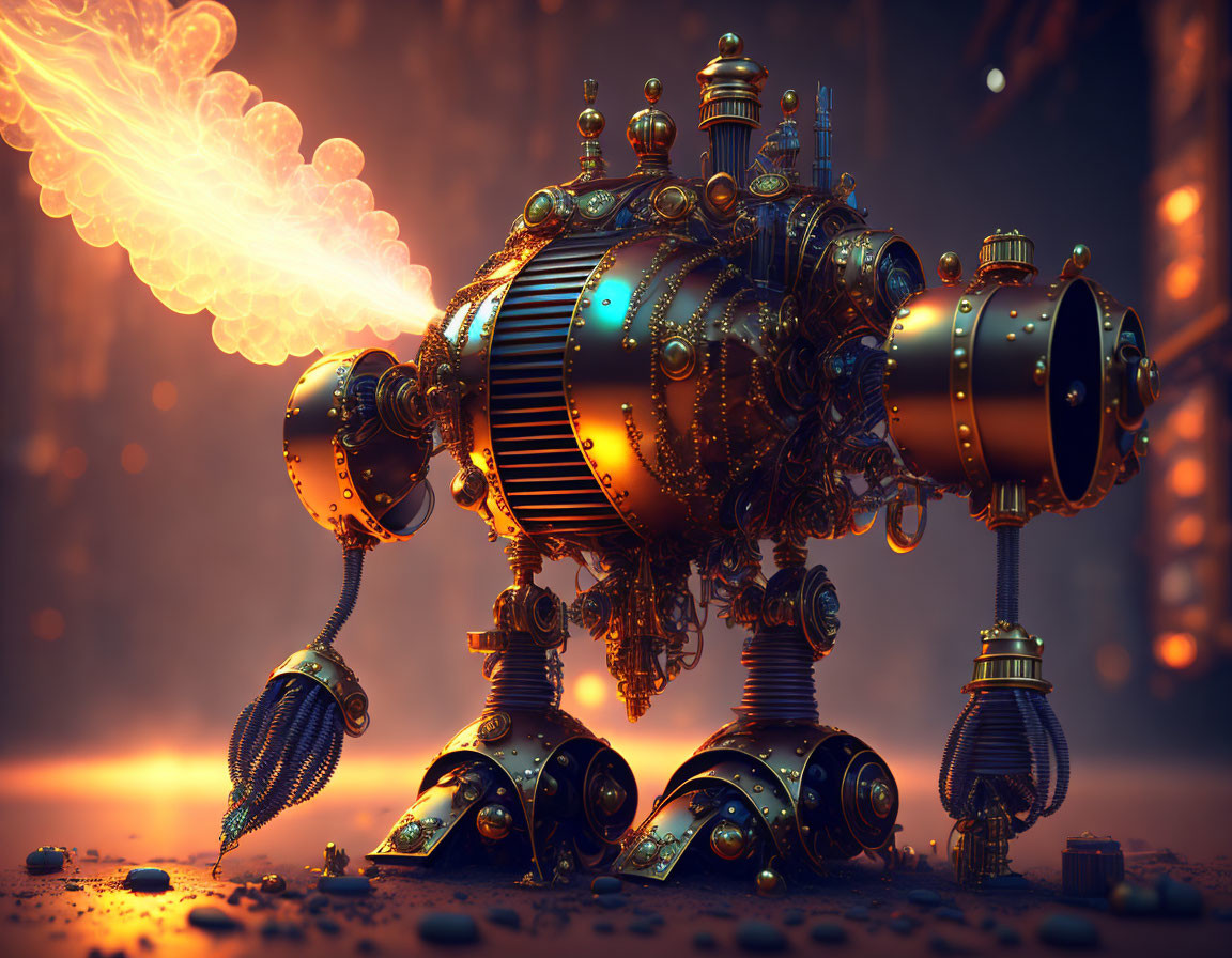 Intricate Steampunk Robot with Gears and Pipes Emitting Steam