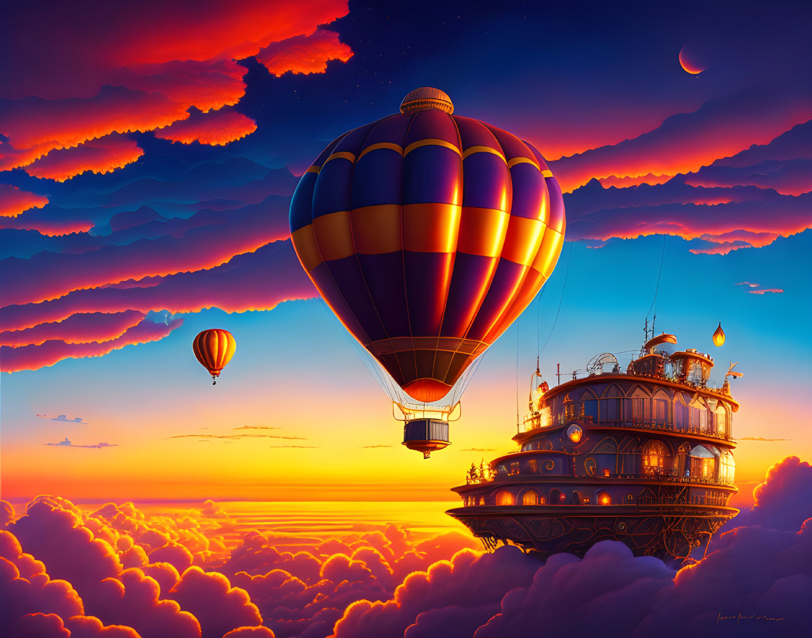 Colorful hot air balloons over intricate floating house in sunset sky