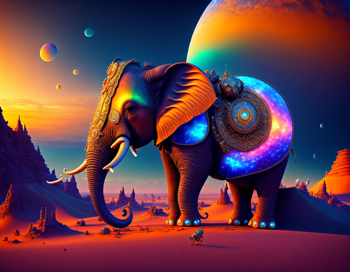 Colorful surreal artwork: Decorated elephant in fantastical desert with planets