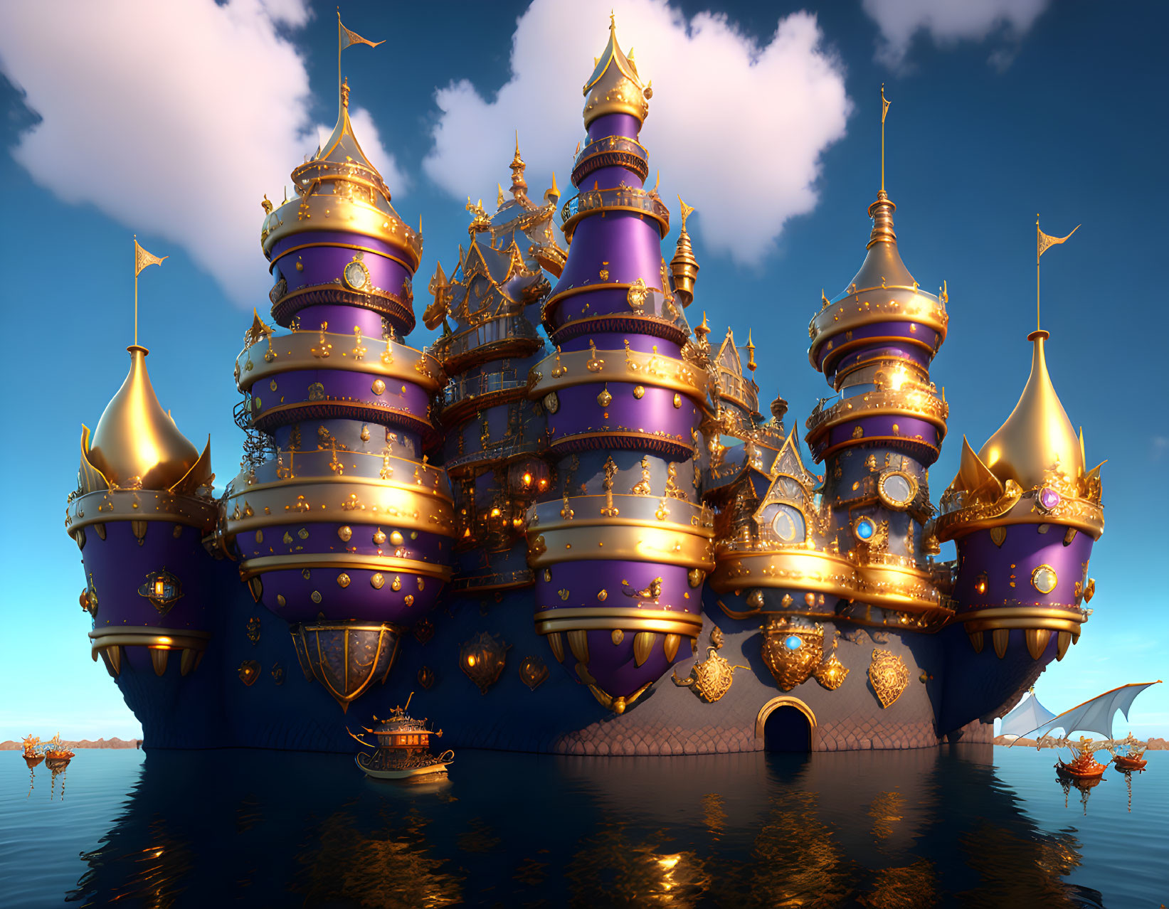 Fantastical floating castle with purple and gold turrets in serene blue sky