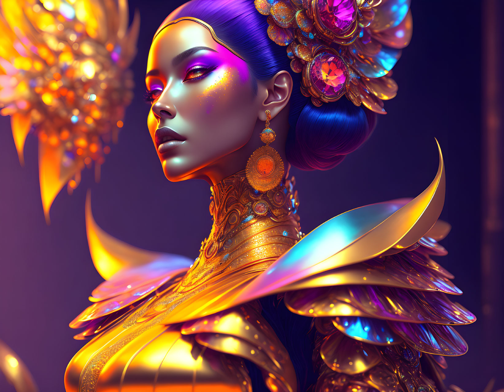 Digital Artwork: Woman with Purple Skin in Golden Armor on Violet Background