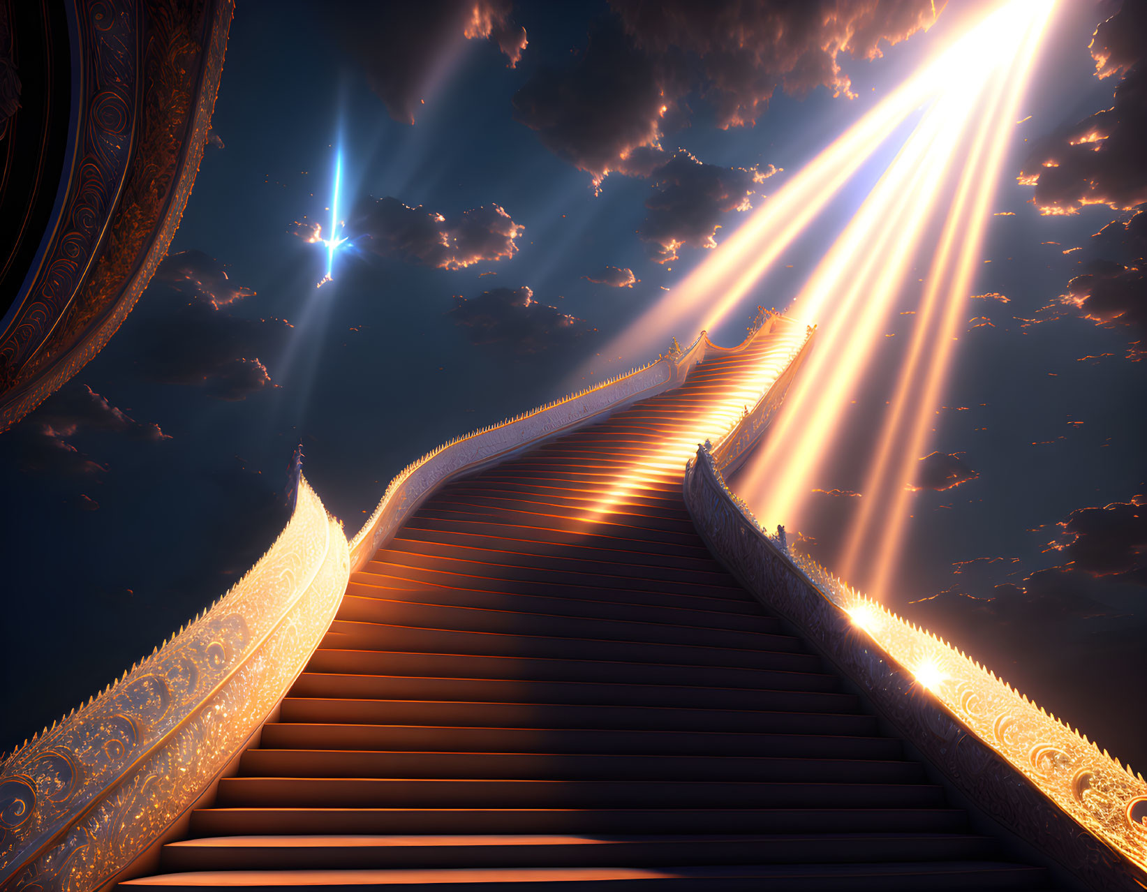 Ornate staircase leading to radiant sky with sunbeam and clouds