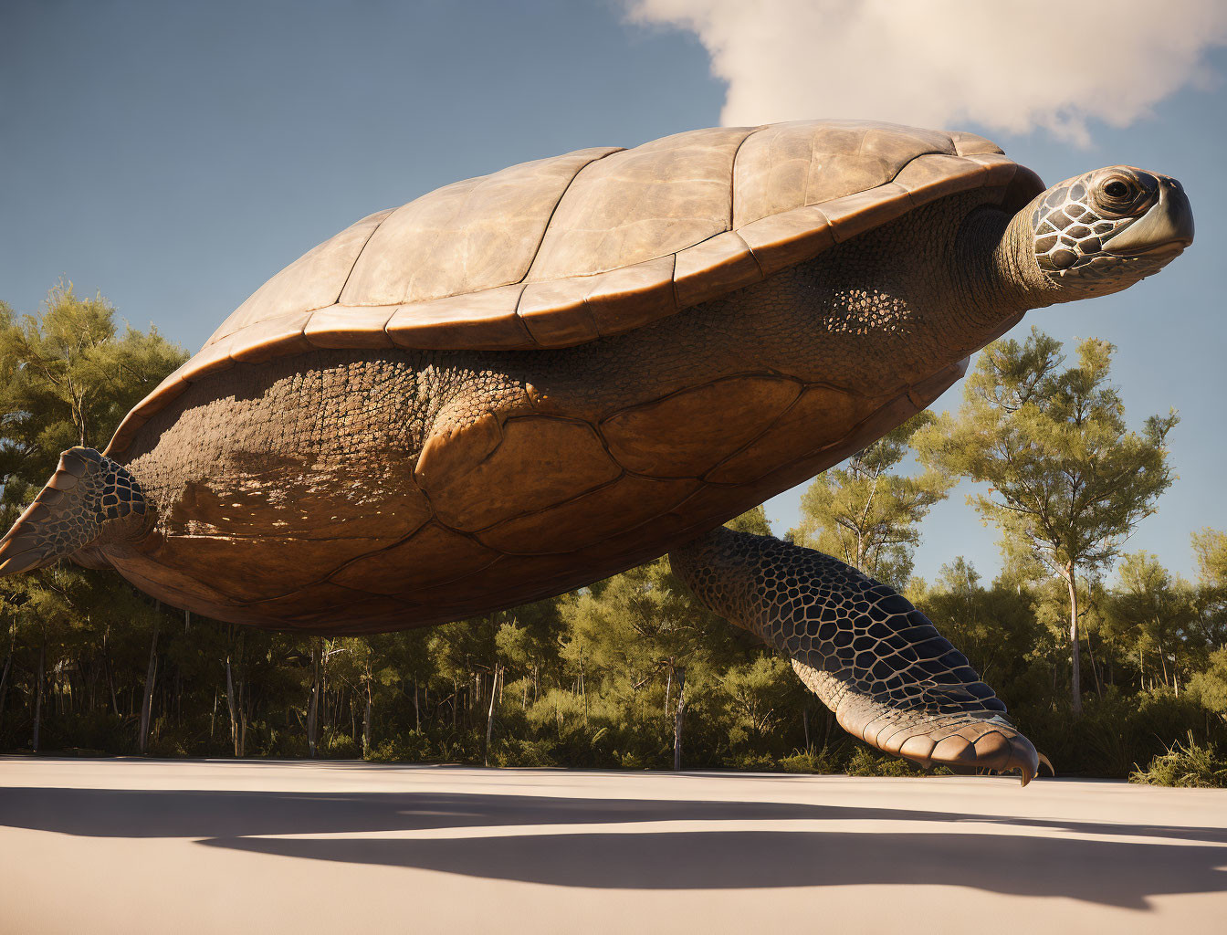 Gigantic sea turtle swimming under sunny sky and lush green trees