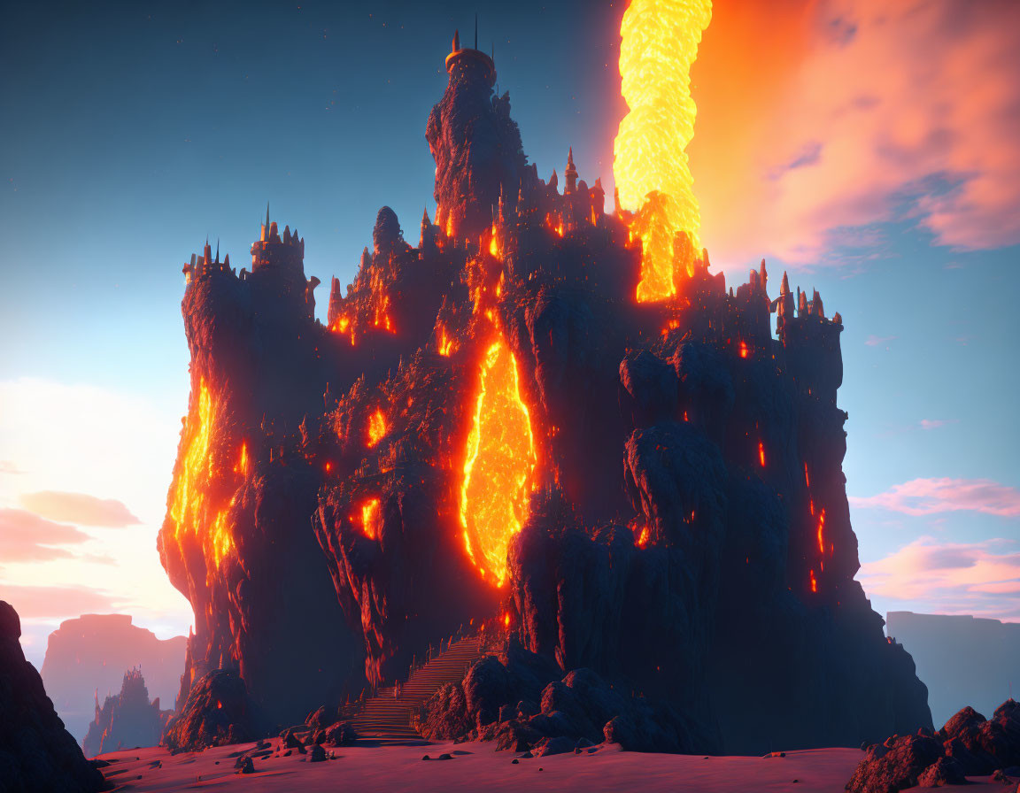 Rocky Castle Structure with Lava Flow and Sunset Sky