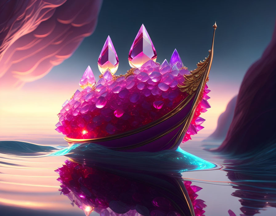 Fantastical boat with glowing crystals and feathers on serene waters