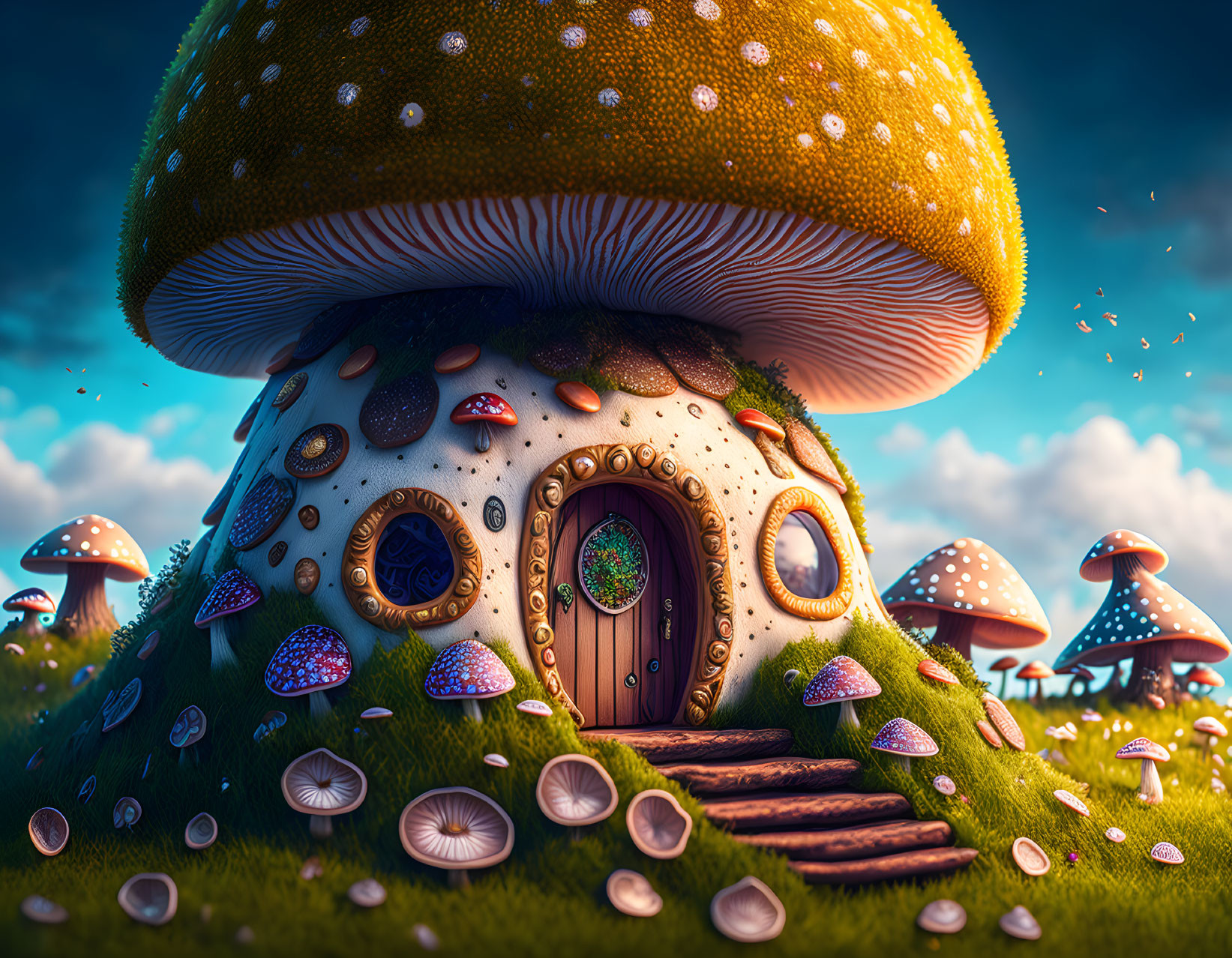 Illustration of large mushroom house in vibrant landscape