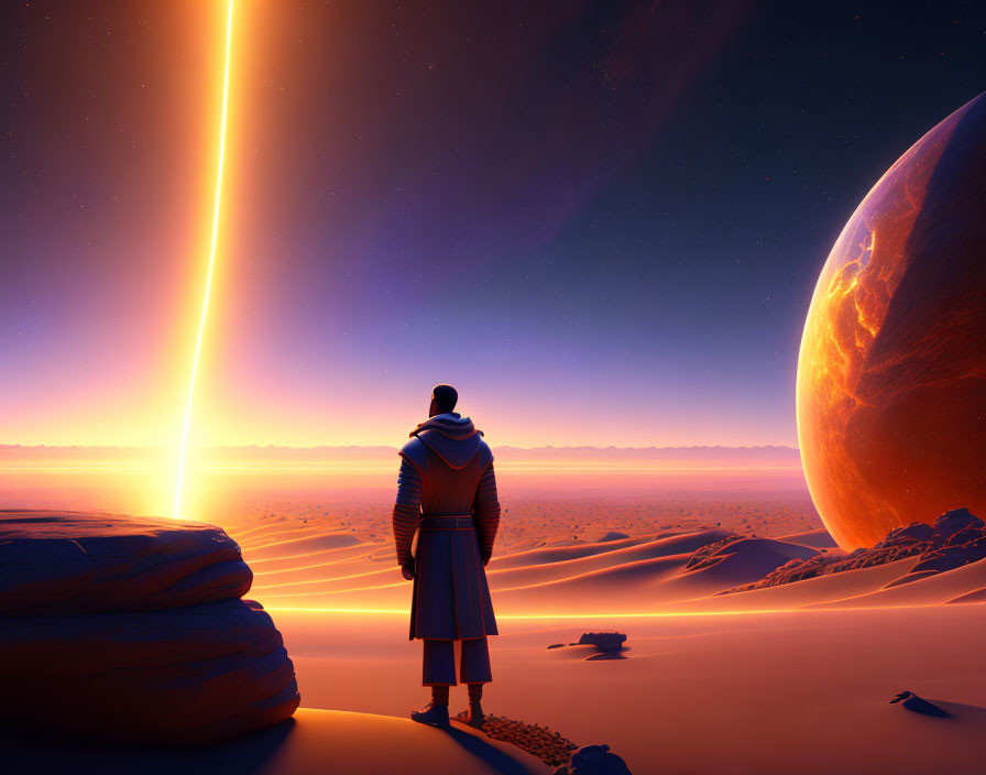 Person on sandy desert planet gazes at large planet near bright vertical beam at sunset