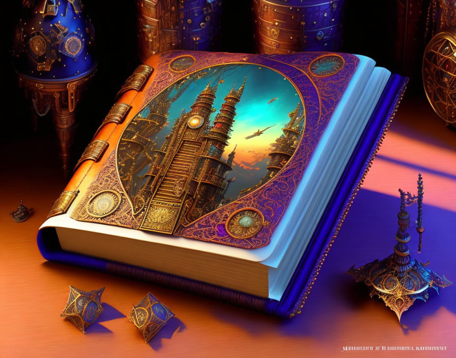 Fantastical book cover with ornate tower and celestial spheres