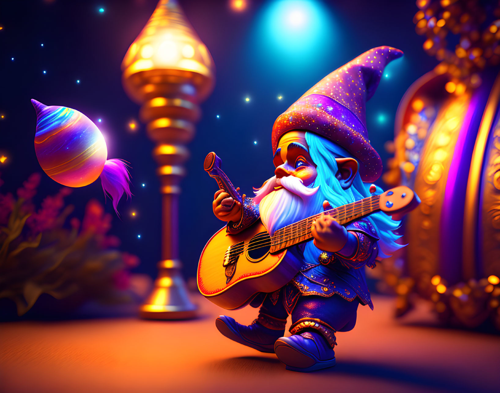 Whimsical 3D illustration of a gnome playing guitar in magical setting