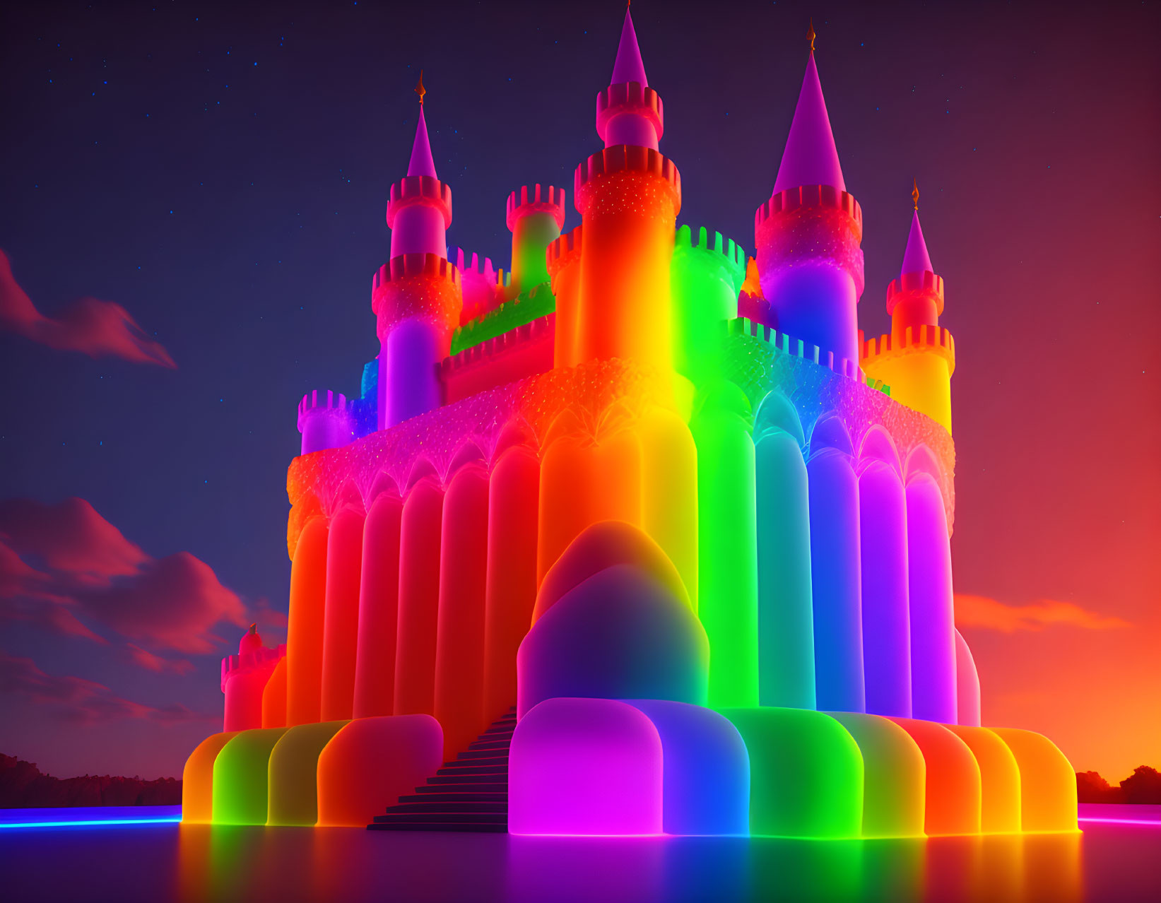 Neon Fairytale Castle Artwork in Dusk Sky